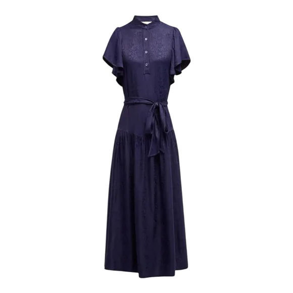 Women's Shoshanna Navy Jacquard Ruffle Sleeve Belted Midi Dress Size 6 - Picture 2 of 12